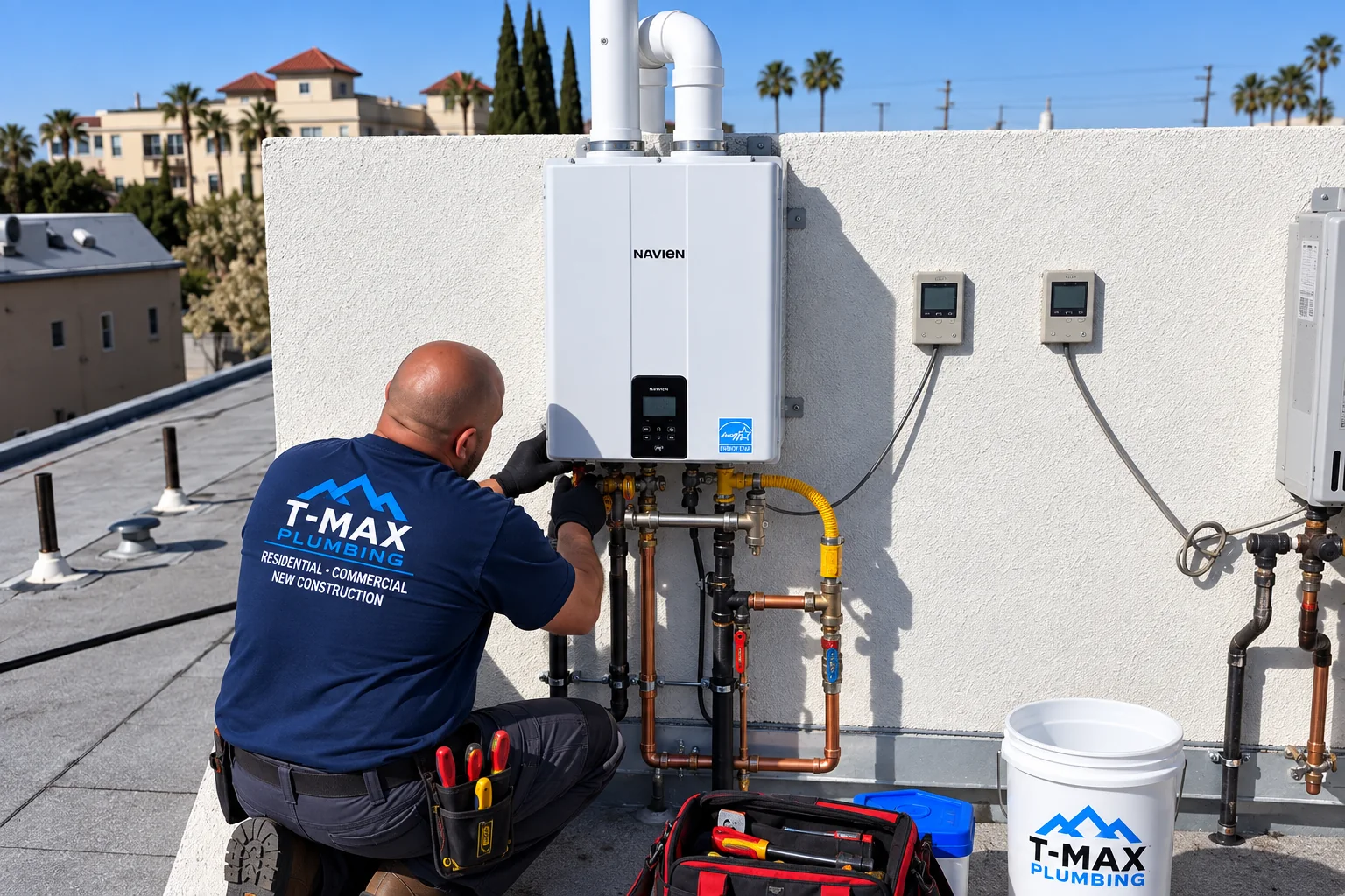 T-MAX technician servicing commercial tankless water heaters